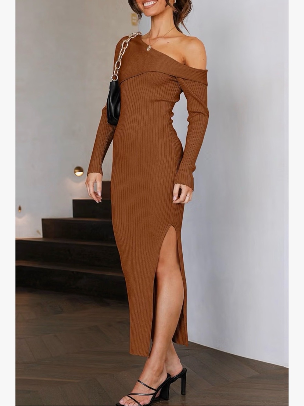 Asymmetrical Ribbed Long-Sleeve Midi Dress in Rust